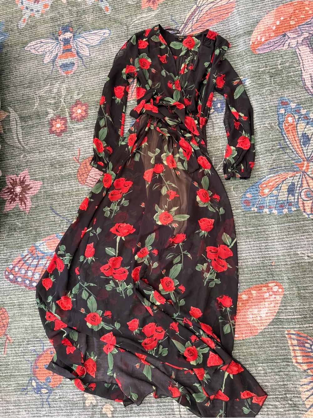 Aakaa Black Maxi Dress with Red Rose Print
